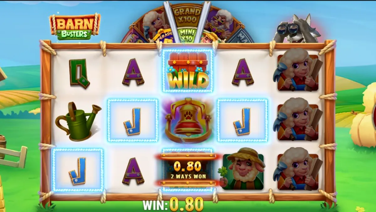 Tampilan visual slot Barn Busters dengan latar belakang peternakan dan roda hadiah