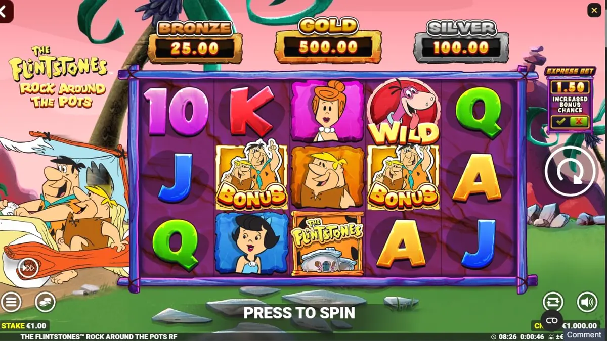 The Flintstones: Rock Around The Pots slot game screen with Bedrock theme